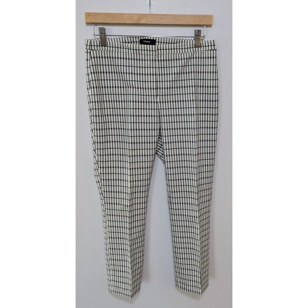 Theory Classic Pants Womens 6 Cream Plaid Classic Tailored Luxury Capsule